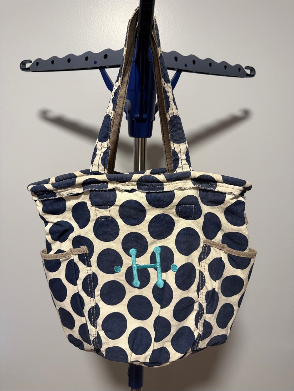 Canvas Polka Dot Tote Bag with Turquoise H Monogram